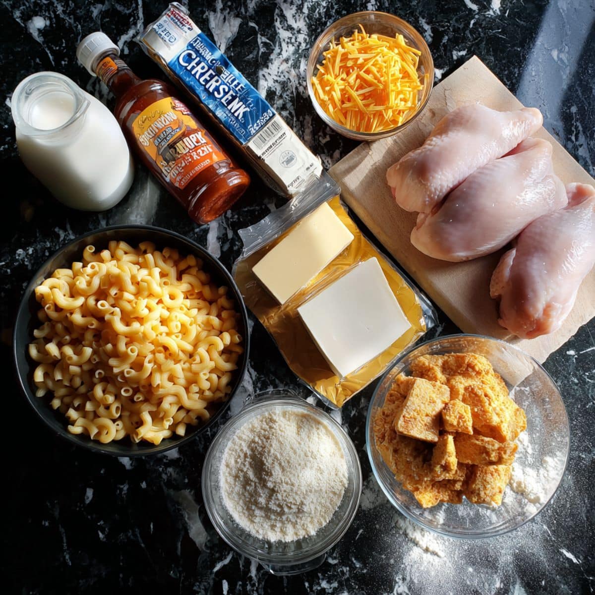 All ingredients for buffalo chicken mac and cheese including pasta, chicken, buffalo sauce and cheeses.
