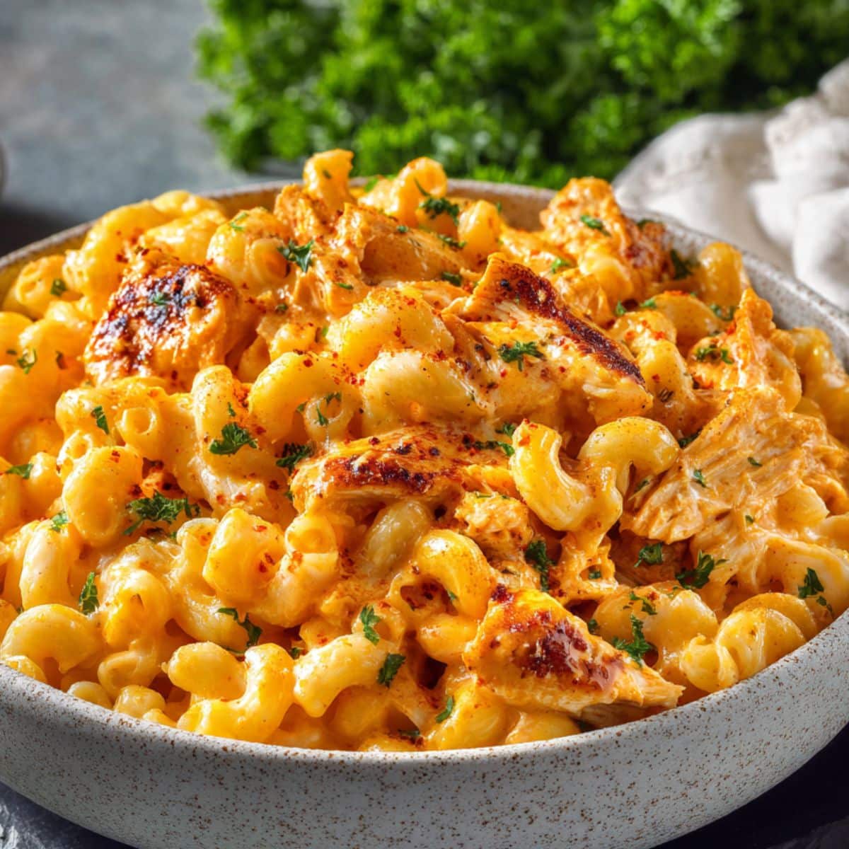 Buffalo chicken mac and cheese in ceramic bowl with creamy orange cheese sauce and fresh parsley garnish.