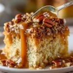 Moist slice of butter pecan praline poke cake with gooey caramel drips and crunchy pecans. Ultra-indulgent texture shown close up with visible praline layers.