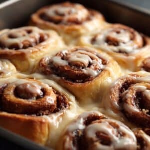 freshly baked cake mix cinnamon rolls in a metal tray, golden brown swirls filled with gooey cinnamon sugar and topped with glossy melted vanilla glaze, rich texture and warm tones creating a mouthwatering, homemade appearance.