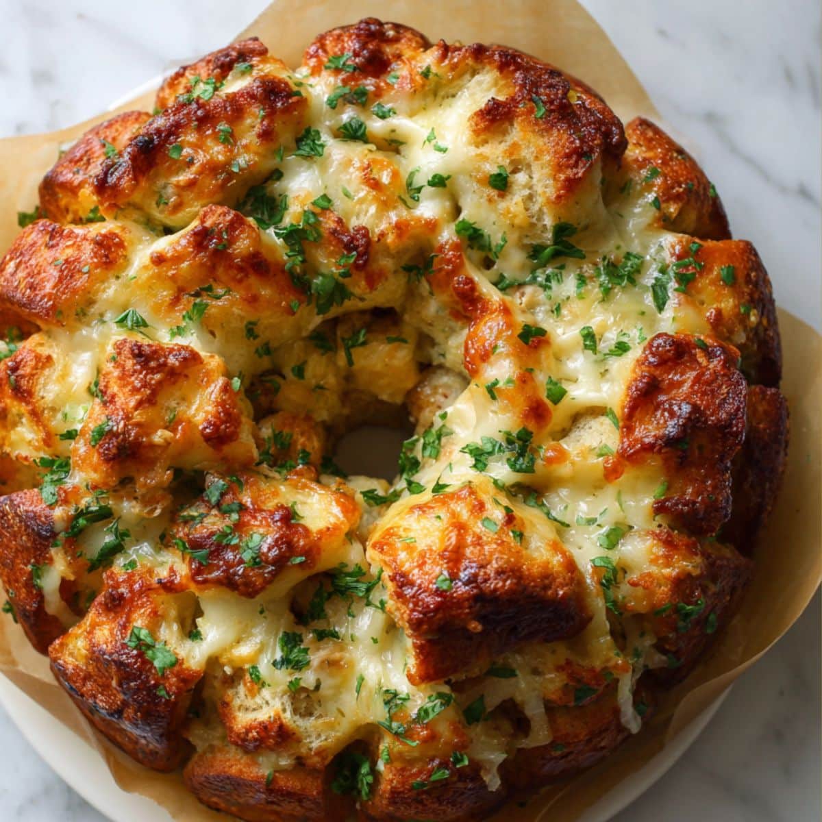 Golden cheesy chicken alfredo monkey bread with melted cheese and parsley in a bundt shape. Overhead shot on parchment-lined counter for cozy dinner vibes.