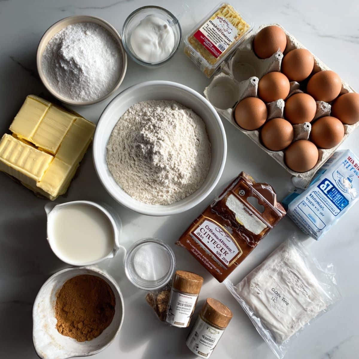 All ingredients for homemade cinnamon roll cake laid out on white kitchen counter Essential baking ingredients including flour, brown sugar, cream cheese, and cinnamon
