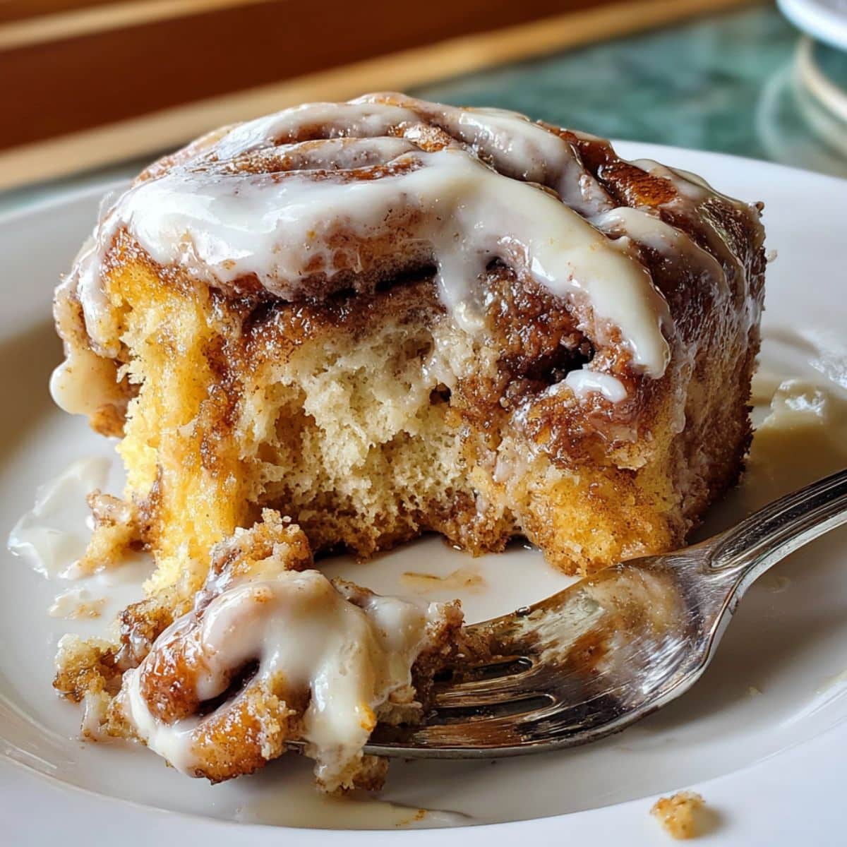 Gooey cinnamon roll cake slice with cream cheese glaze dripping down golden brown layers