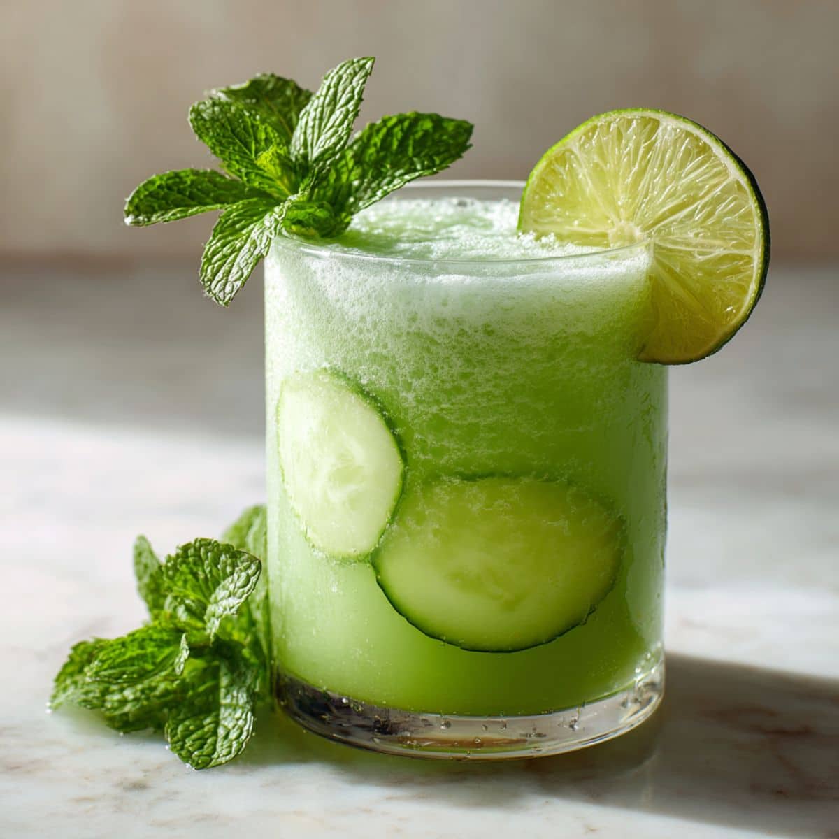 Refreshing cucumber lime agua fresca served over ice in a clear glass, garnished with fresh mint, lime slice, and cucumber rounds.