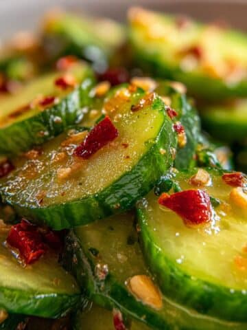 Macro shot of Din Tai Fung-style cucumber salad coated in savory garlic-soy dressing with chili flakes.