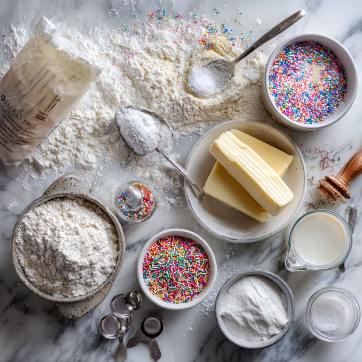 Safe ingredients for edible sugar cookie dough including heat-treated flour and rainbow sprinkles.