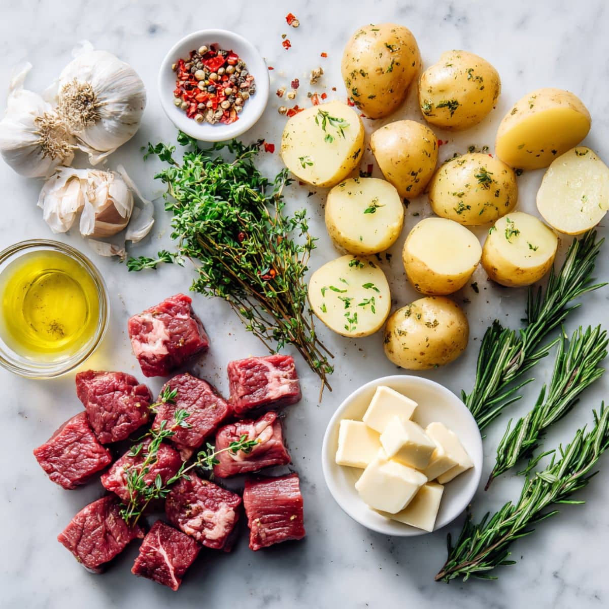 All ingredients for garlic steak bites and potatoes on a white kitchen counter. Includes herbs, steak, baby potatoes, and garlic butter.