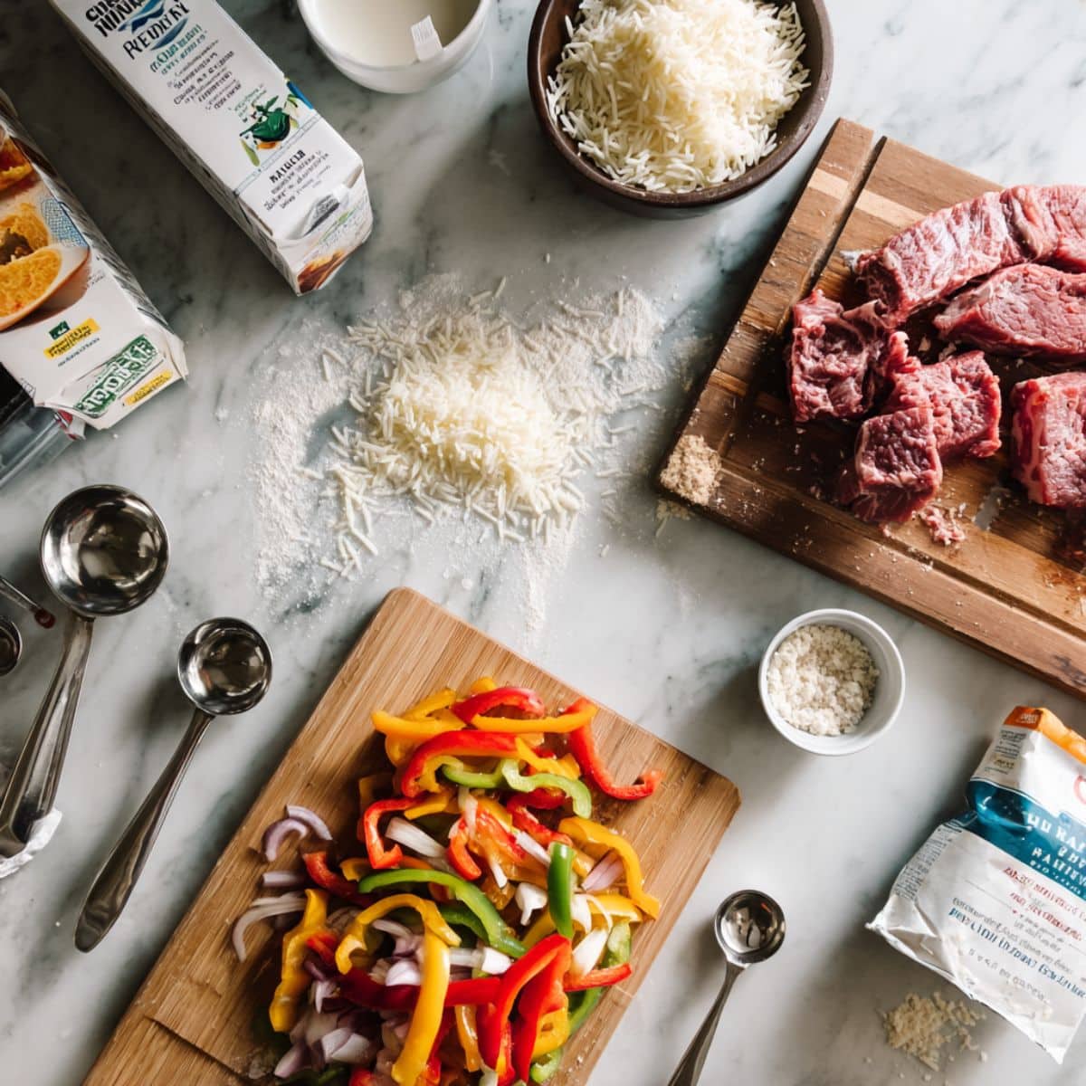 Raw ribeye steak, bell peppers, onions and cheese ingredients for philly cheesesteak bowls on kitchen counter.