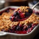 Spoonful of homemade mixed berry crisp with frozen berries with gooey blueberries, raspberries, and blackberries, topped with golden crumble and served warm from a white baking dish.