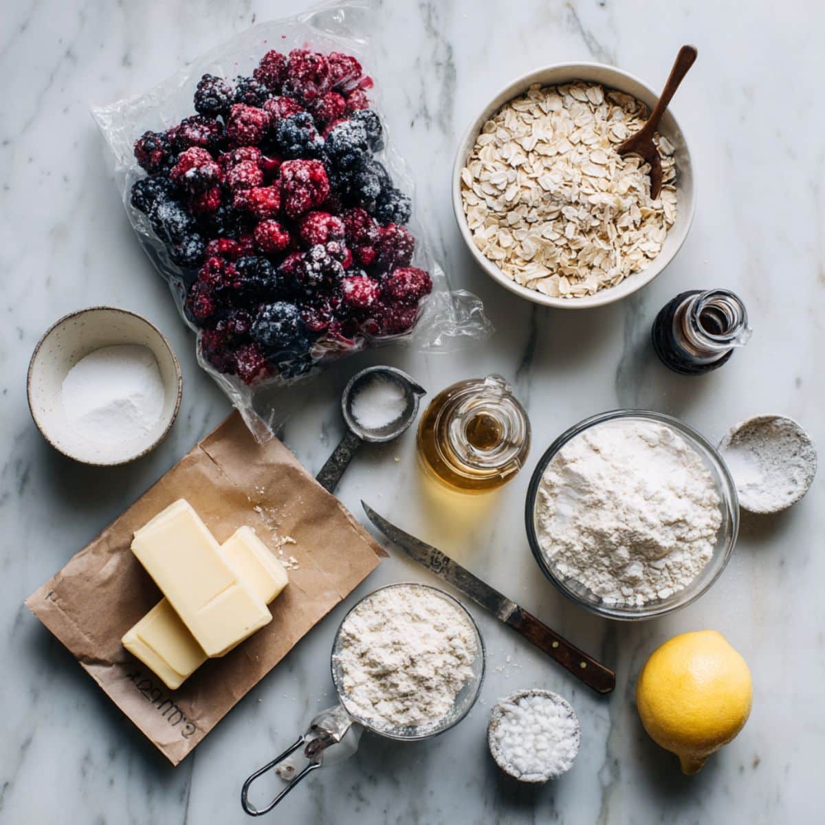 Fresh ingredients for mixed berry crisp with frozen berries including frozen berries and oat crumble topping components.