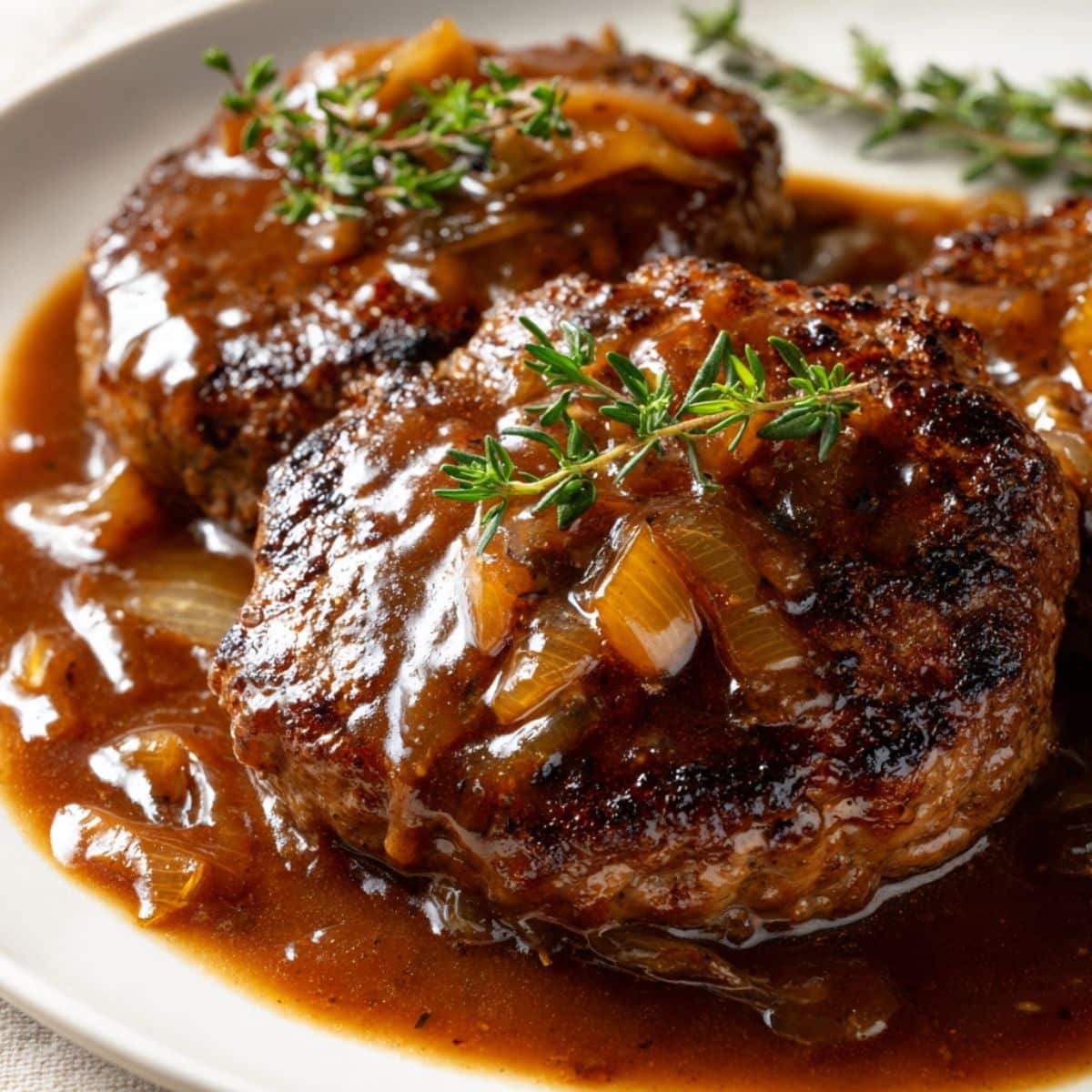Close-up of old-fashioned Salisbury steak smothered in rich brown onion gravy, served with fresh thyme on top.