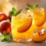 Close-up of a golden peach lemonade in a short glass with ice, a crescent peach slice tucked inside the rim, and fresh mint on top, set against a warm sunlit background with blurred peaches and a bright summer glow.