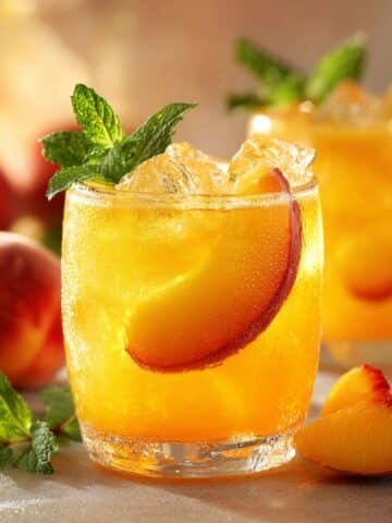 Close-up of a golden peach lemonade in a short glass with ice, a crescent peach slice tucked inside the rim, and fresh mint on top, set against a warm sunlit background with blurred peaches and a bright summer glow.