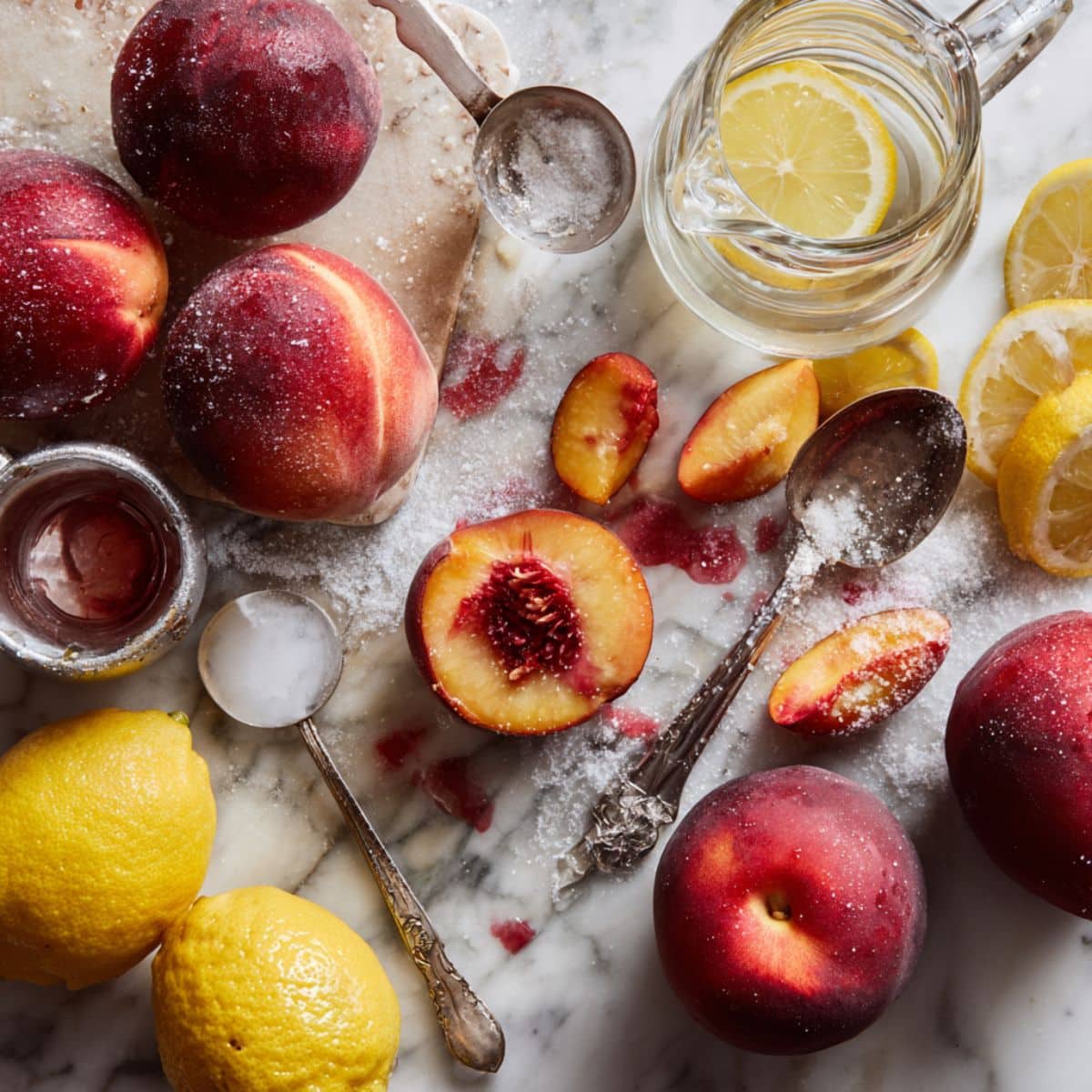 Fresh ripe peaches, lemons, and sugar ingredients for homemade peach lemonade spread on kitchen counter.