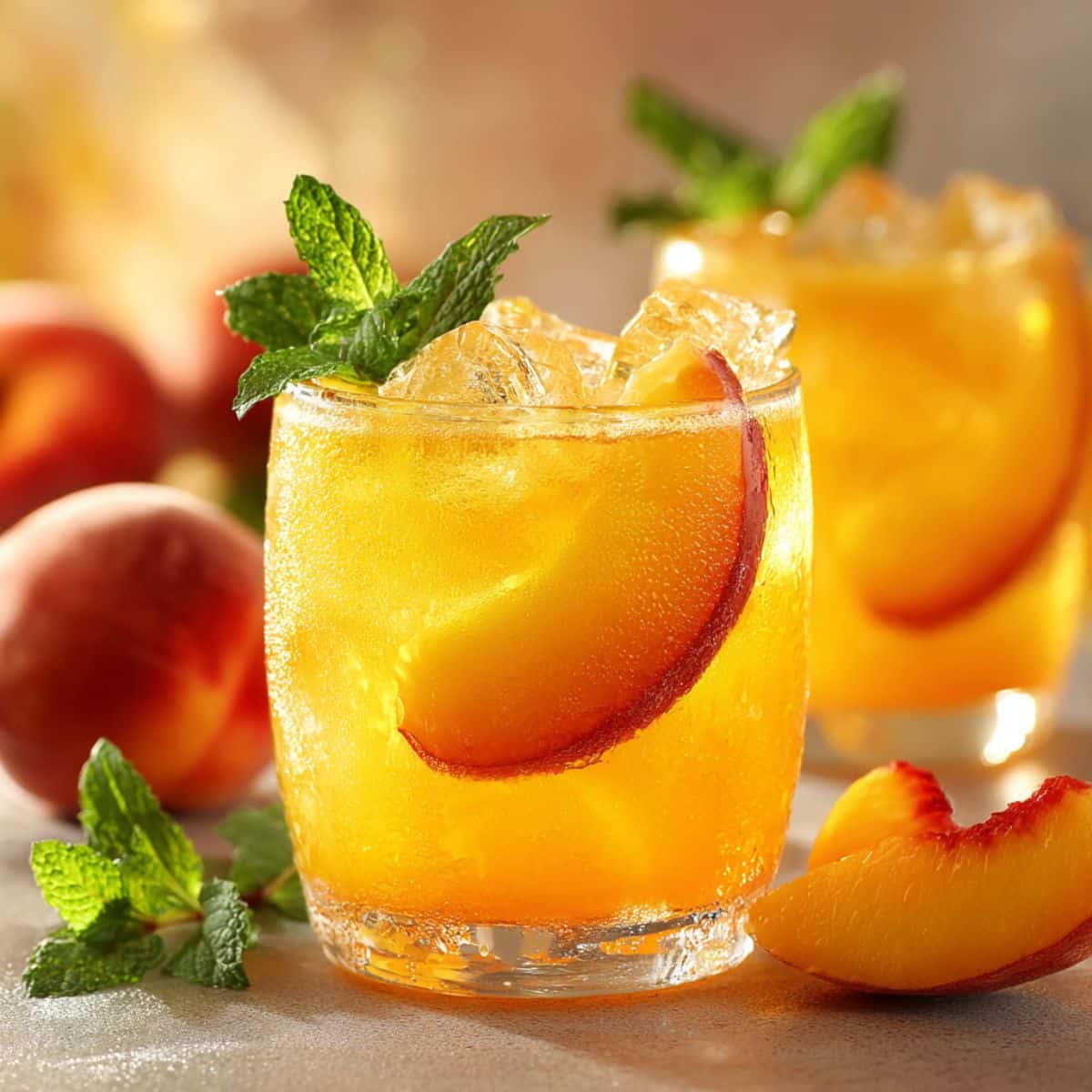 Close-up of a golden peach lemonade in a short glass with ice, a crescent peach slice tucked inside the rim, and fresh mint on top, set against a warm sunlit background with blurred peaches and a bright summer glow.