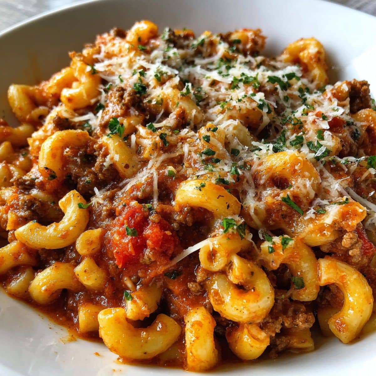 plate of beefaroni with elbow macaroni, savory ground beef, rich tomato sauce, and melted Parmesan cheese.