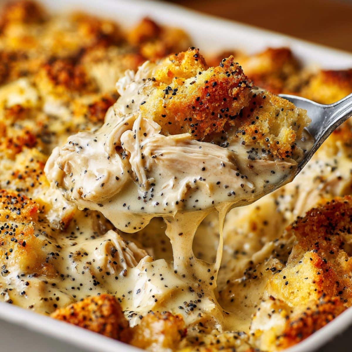 creamy poppy seed chicken casserole with golden crushed Ritz cracker topping in a white baking dish; comforting, cheesy, and ready to serve for an easy weeknight family dinner.