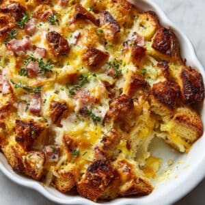 Golden-baked savory bread pudding with ham, cheese, and herbs in a white scalloped dish, crispy on top and soft inside