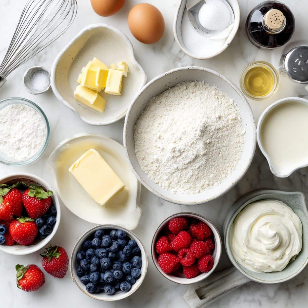 Close-up of a tall stack of square-cut sheet pan pancakes with golden fluffy layers, bursting with fresh blueberries and strawberries, topped with a pat of melting butter and drizzled maple syrup, served on a white plate with scattered berries.