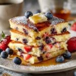 Close-up of a tall stack of square-cut sheet pan pancakes with golden fluffy layers, bursting with fresh blueberries and strawberries, topped with a pat of melting butter and drizzled maple syrup, served on a white plate with scattered berries.