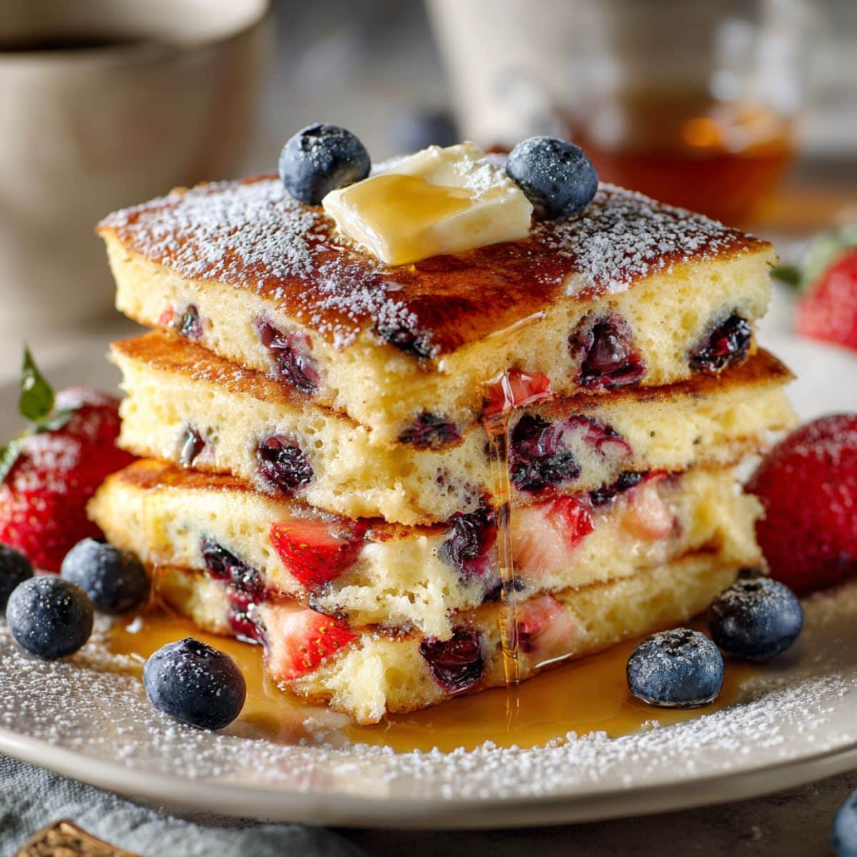 Close-up of a tall stack of square-cut sheet pan pancakes with golden fluffy layers, bursting with fresh blueberries and strawberries, topped with a pat of melting butter and drizzled maple syrup, served on a white plate with scattered berries.