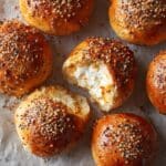 Golden brown everything bagel bites stuffed with creamy cheese, one torn open to reveal a rich, fluffy filling—close-up on parchment with seed mix in background
