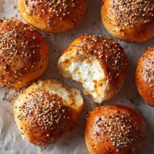 Golden brown everything bagel bites stuffed with creamy cheese, one torn open to reveal a rich, fluffy filling—close-up on parchment with seed mix in background