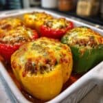 Classic stuffed bell peppers with melted cheese tops and beef rice filling in baking dish.