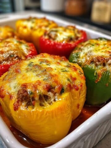 Classic stuffed bell peppers with melted cheese tops and beef rice filling in baking dish.