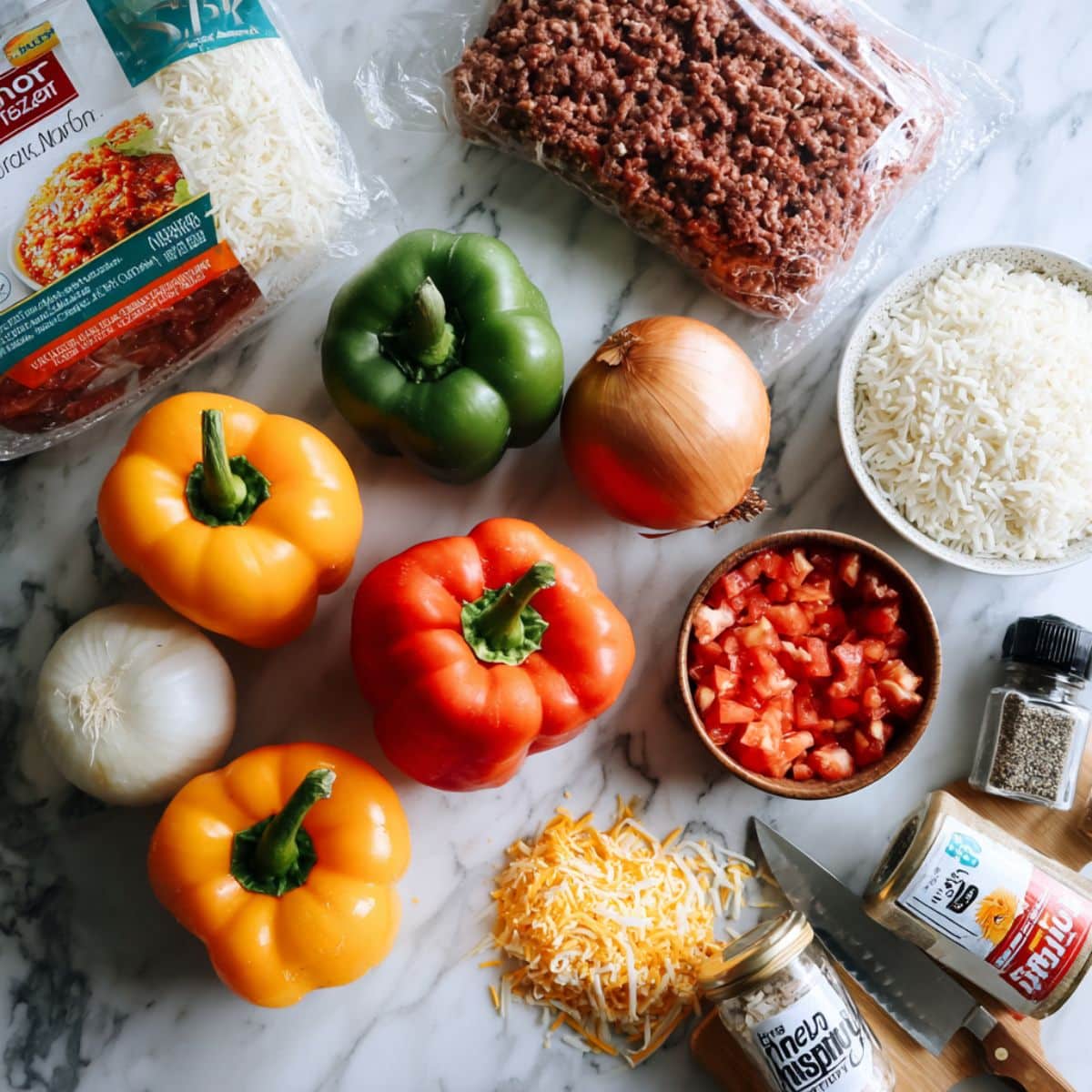 Fresh ingredients for classic stuffed bell peppers including colorful peppers and ground beef.