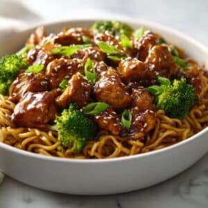 Glossy chicken teriyaki noodles served in a black bowl, topped with sesame seeds, green onions, and broccoli, with a rich brown sauce glistening over tender chicken pieces and stir-fried noodles.