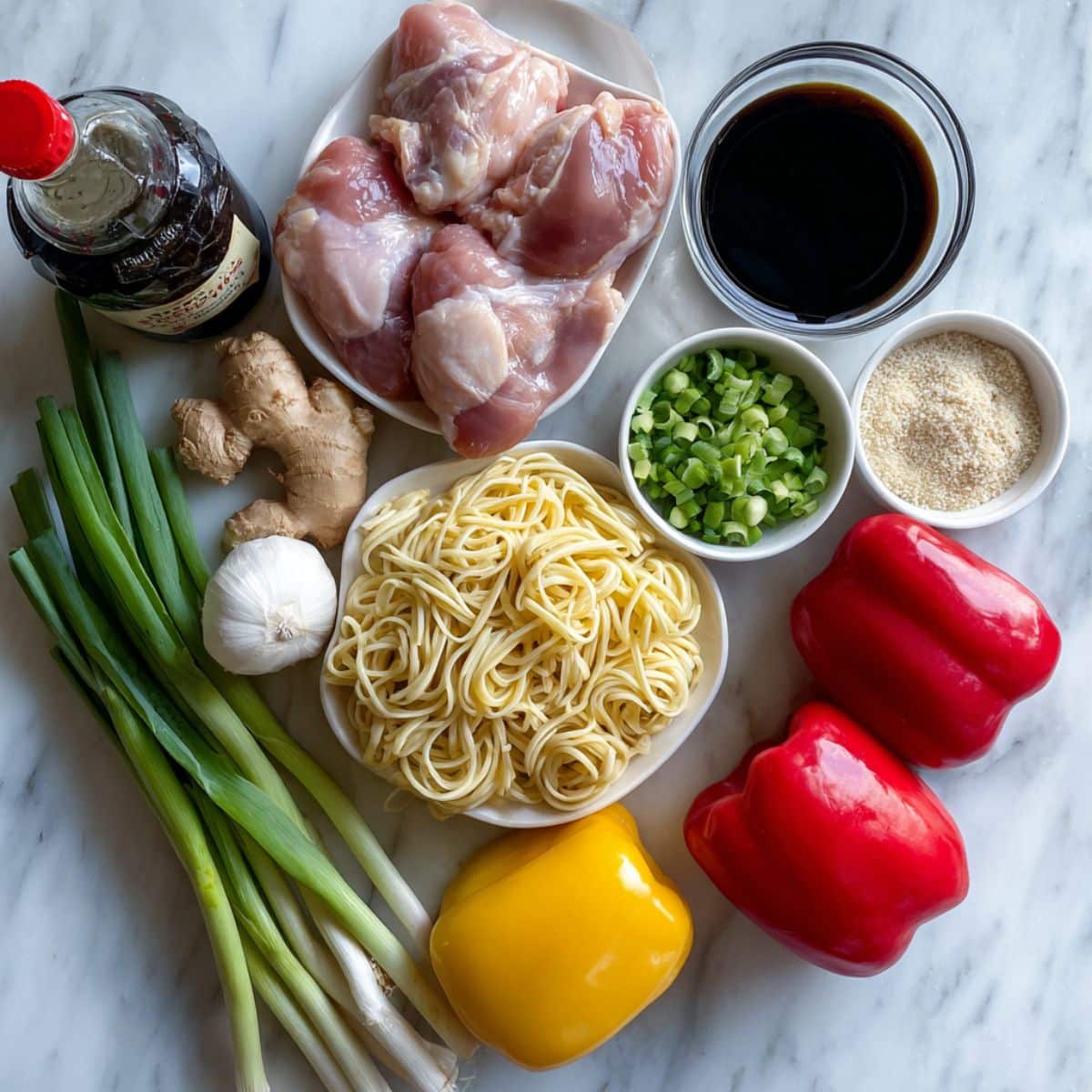 All ingredients for homemade teriyaki chicken noodles laid out casually on a white counter. Real kitchen prep showcasing noodles, veggies, and soy-based sauce.