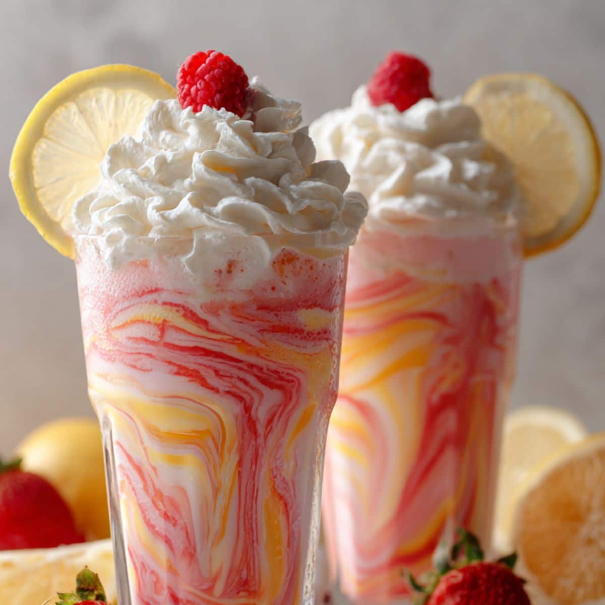 Two Glasses of whipped pink lemonade with coral and yellow swirled layers topped with fluffy cream and raspberry garnish.