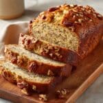 Homemade banana nut bread sliced on a wooden cutting board, showing a moist, speckled interior with chopped pecans on top and a golden-brown crust, captured in warm natural light for a cozy, bakery-style presentation.