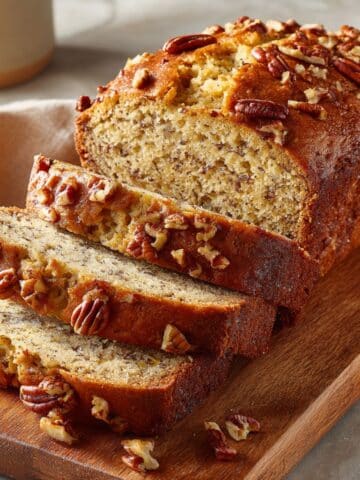 Homemade banana nut bread sliced on a wooden cutting board, showing a moist, speckled interior with chopped pecans on top and a golden-brown crust, captured in warm natural light for a cozy, bakery-style presentation.