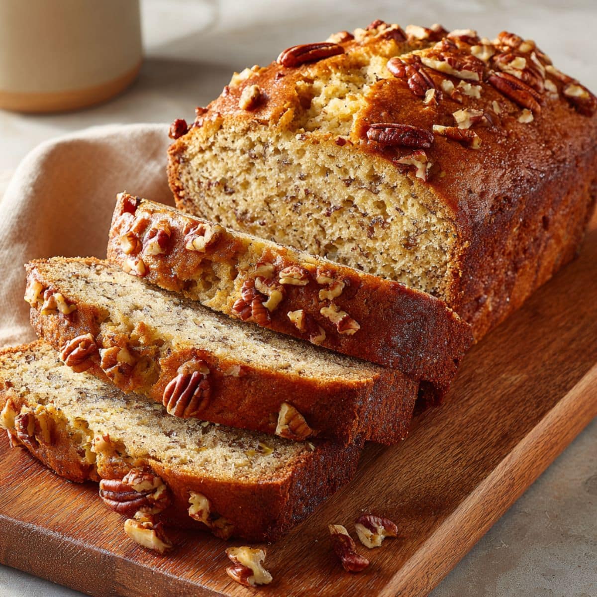 Homemade banana nut bread sliced on a wooden cutting board, showing a moist, speckled interior with chopped pecans on top and a golden-brown crust, captured in warm natural light for a cozy, bakery-style presentation.
