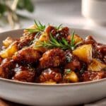 Brown Sugar Pineapple Chicken in a white bowl with caramelized glaze and pineapple chunks, served at 45 degree angle.