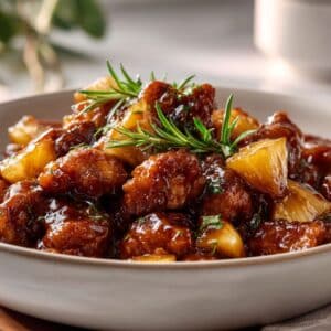 Brown Sugar Pineapple Chicken in a white bowl with caramelized glaze and pineapple chunks, served at 45 degree angle.