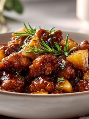 Brown Sugar Pineapple Chicken in a white bowl with caramelized glaze and pineapple chunks, served at 45 degree angle.