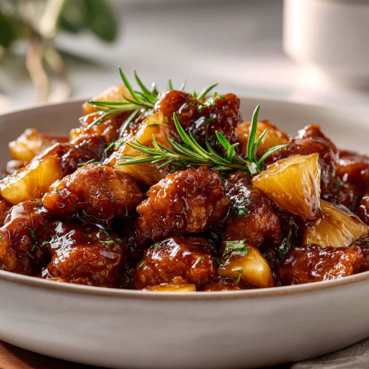 Brown Sugar Pineapple Chicken in a white bowl with caramelized glaze and pineapple chunks, served at 45 degree angle.