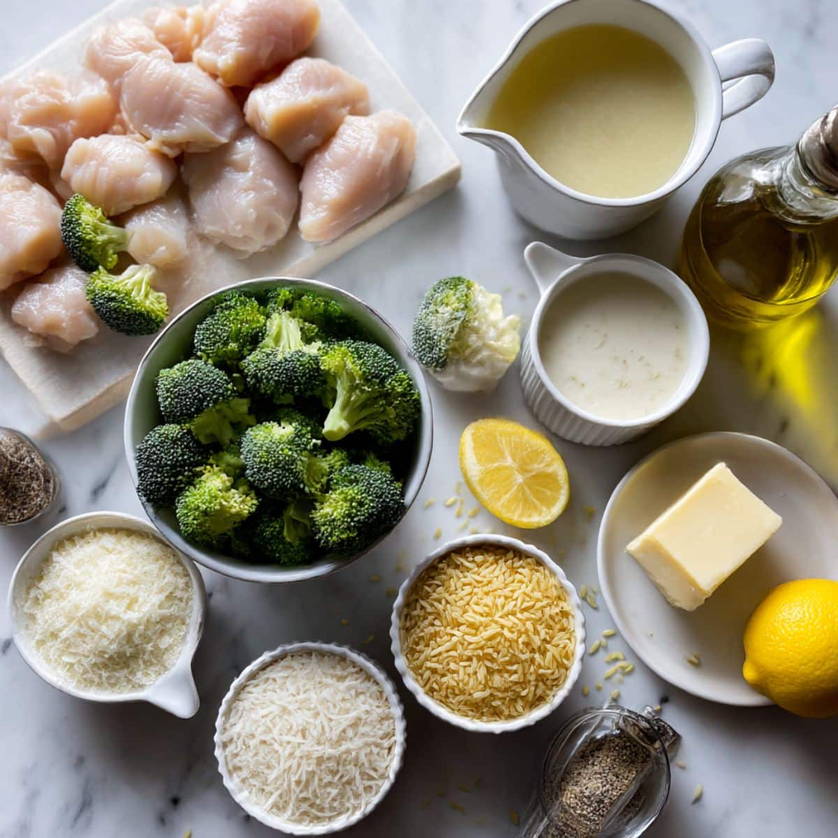 chicken broccoli orzo ingredients on a marble counter, including raw chicken chunks, fresh broccoli florets, orzo pasta, shredded cheeses, butter, lemon, garlic, chicken broth, cream, olive oil, and seasonings.