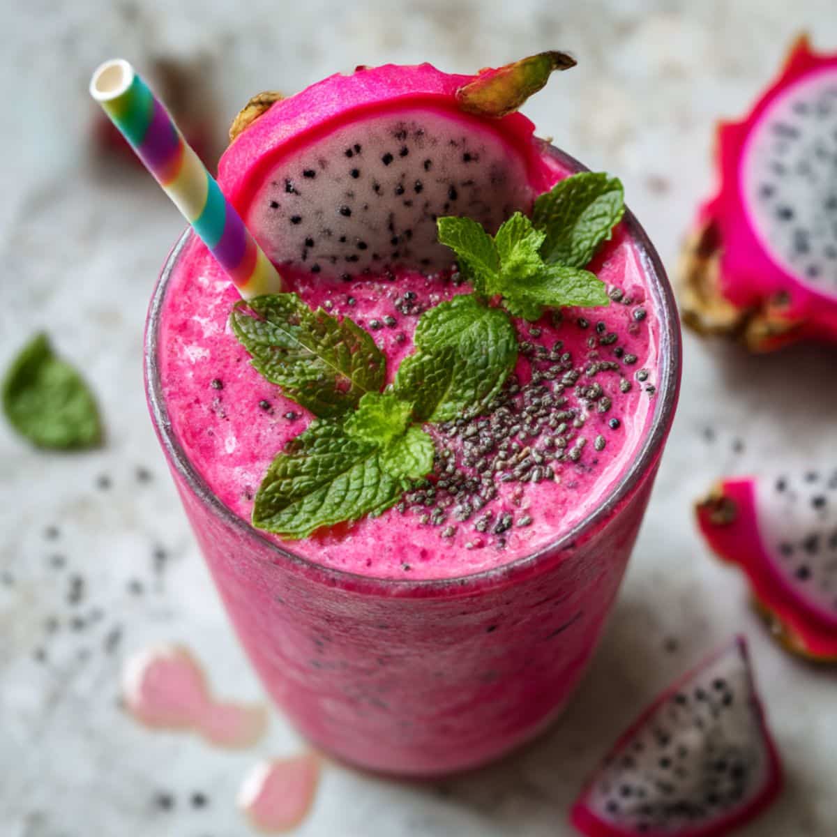 Vibrant pink dragon fruit smoothie with fresh mint garnish and dragon fruit slices in tall glass on white kitchen counter. Healthy pitaya smoothie with tropical flavors showing natural pink color from fresh dragon fruit with colorful straw and herbs.