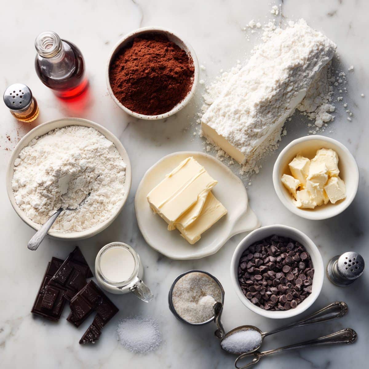 Red velvet cookie dough ingredients including softened butter, cream cheese, cocoa powder, flour and red food coloring on counter.