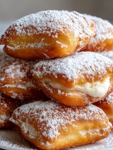 Homemade authentic French beignets showing creamy pastry filling oozing from sides with traditional sugar coating for café-style dessert.