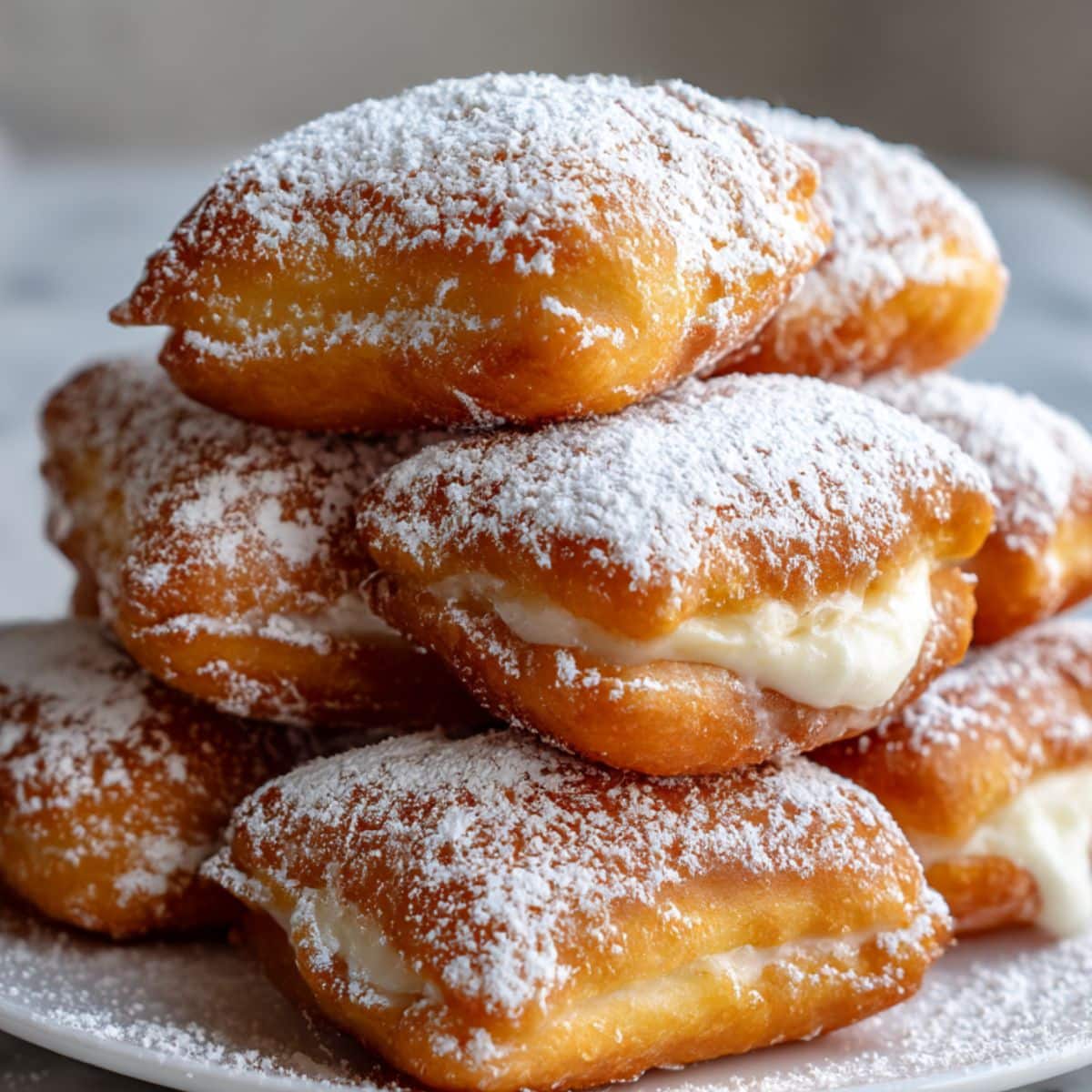 Homemade authentic French beignets showing creamy pastry filling oozing from sides with traditional sugar coating for café-style dessert.