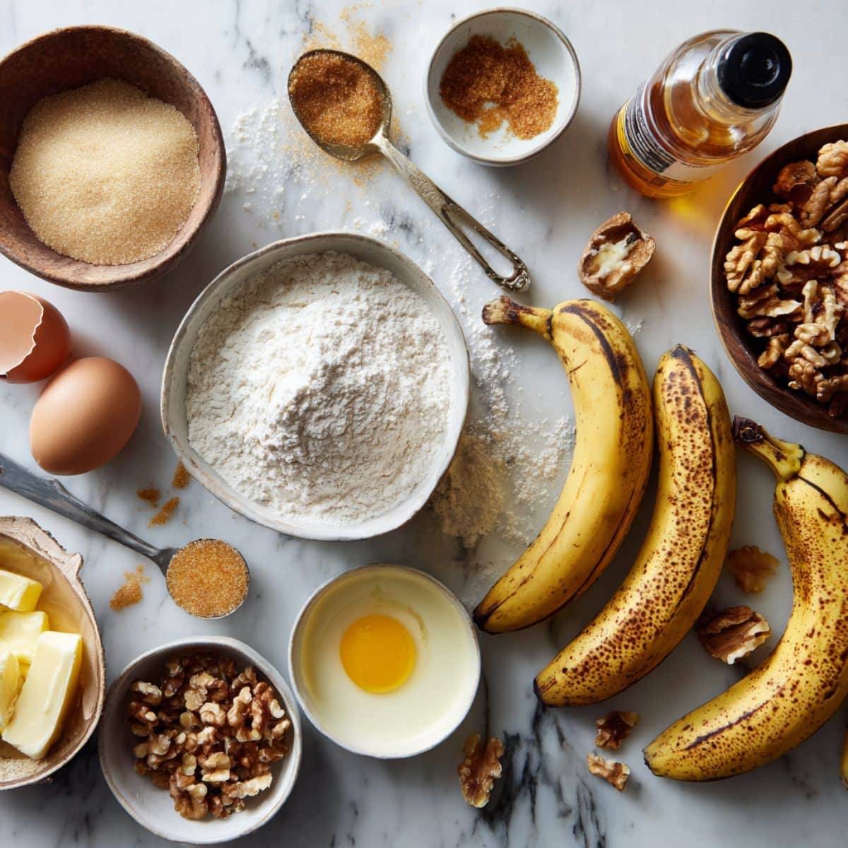 Overripe bananas, flour, brown sugar, walnuts and baking ingredients for homemade banana nut bread on kitchen counter.