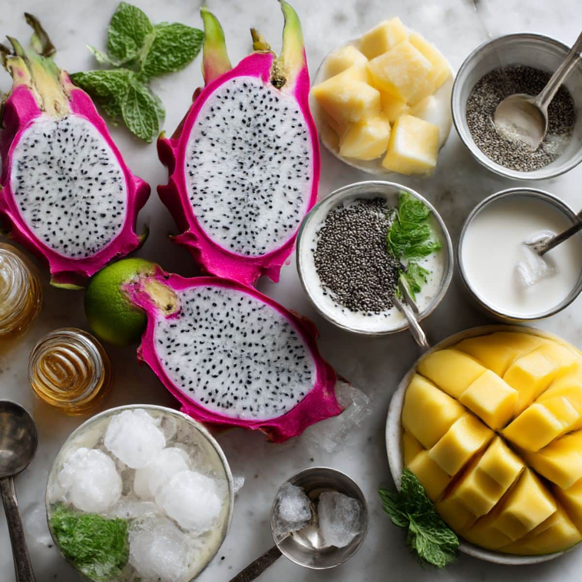 ragon fruit smoothie ingredients including fresh pitaya, coconut milk, banana, mango and mint on white kitchen counter.