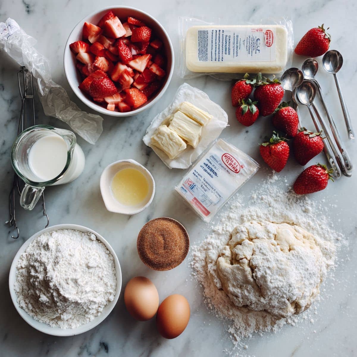 Fresh strawberries, cream cheese, flour, and yeast ingredients for homemade strawberry cinnamon rolls on kitchen counter.