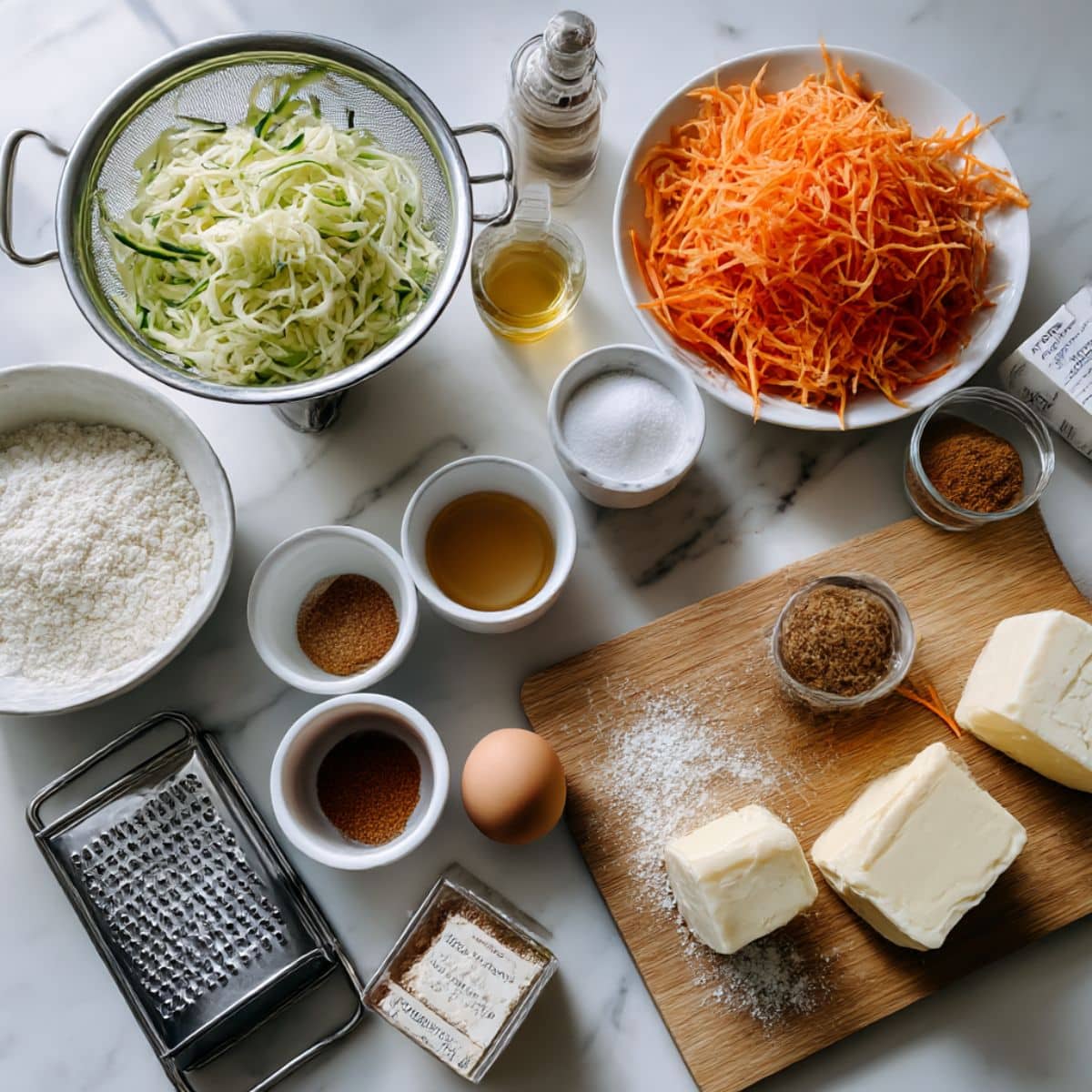 Zucchini carrot cake ingredients including freshly grated zucchini and carrots, flour, spices, eggs and cream cheese for frosting on counter.