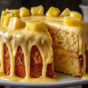 Moist and dense pineapple juice cake fully coated in thick glossy glaze, with a juicy pineapple-infused crumb and a rich glaze pooling inside the sliced section, topped with chunky fresh pineapple pieces for a vibrant homemade finish.